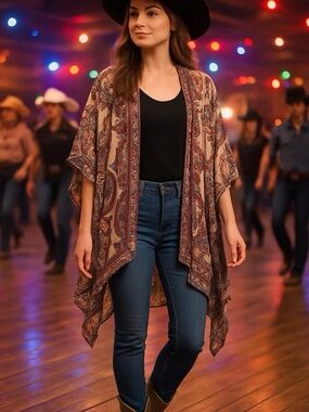 Angie Paisley Print Open Kimono in Cream, Teal, Rust Duster Size M